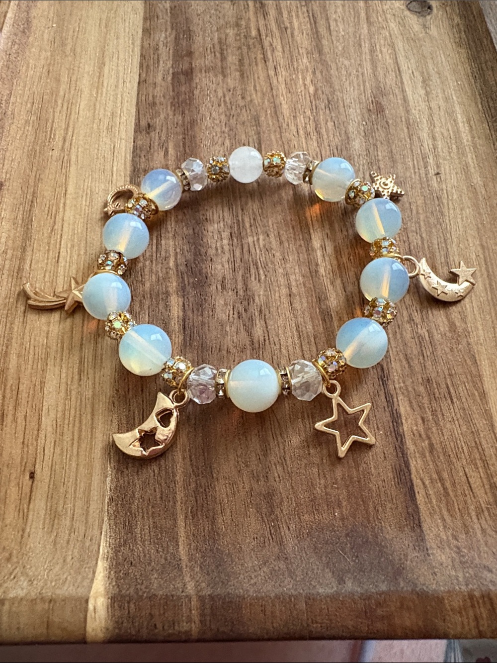 Handmade White Opal Bracelet with Gold Moon & Star Charms